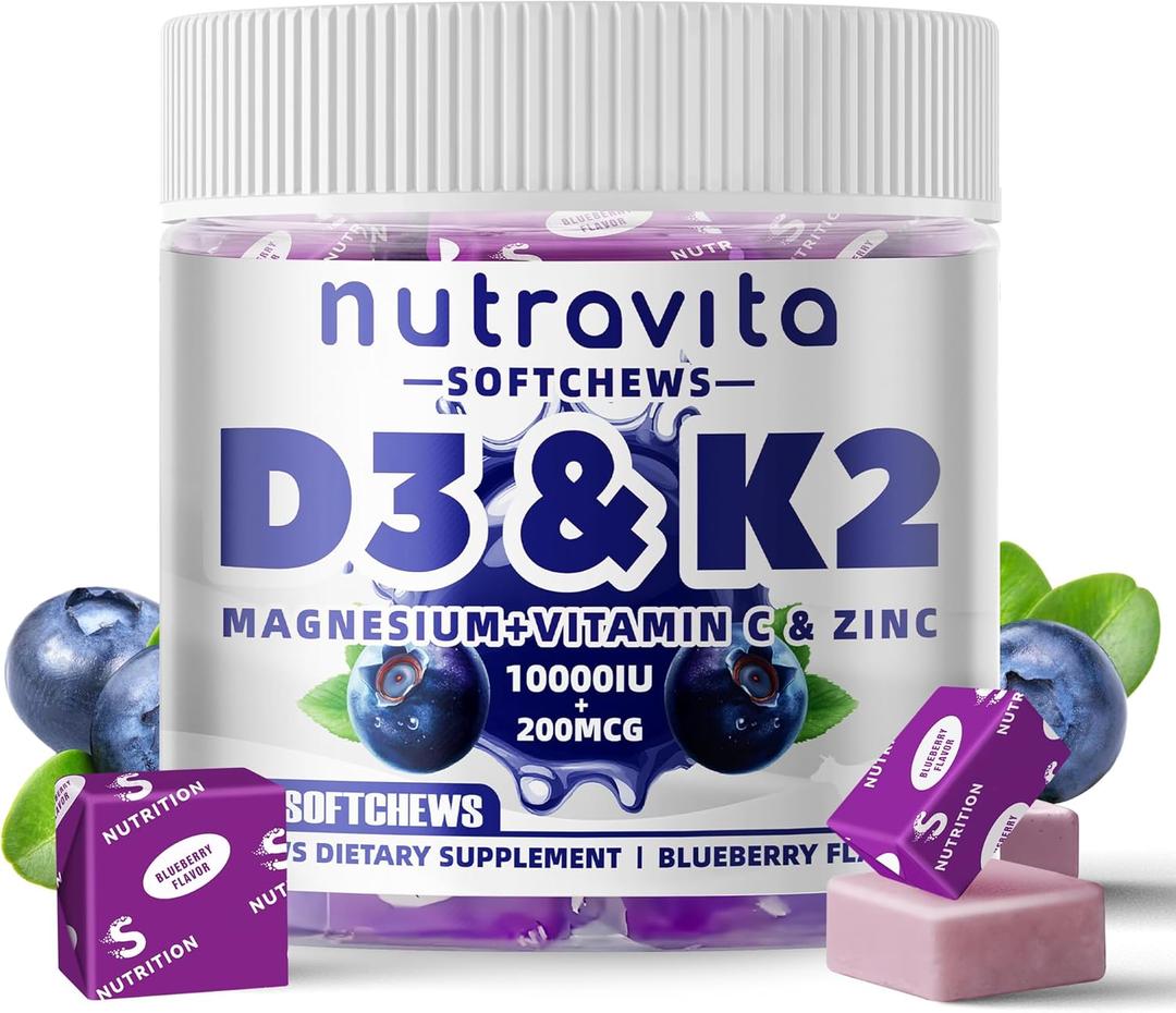 2 x Nutravita Sugar-Free Vitamin D3 K2 Chews with Calcium + K2 (MK-7), Magnesium Citrate, Vitamin C, Extra Strength - Ultimate Absorption for Bone Muscle Teeth Immune, Vegan - 60 Count-Blueberry Flavor, Exp: 03/2027