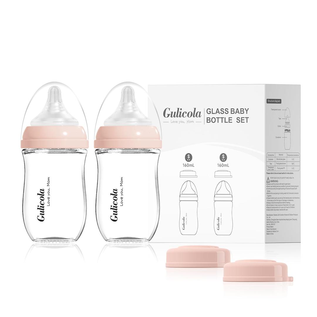 Natural Glass Baby Bottle for Breastfeeding Babies, Newborn Anti-Colic Bottle Set with Slow Flow Nipple, 0-3 Months, 5 oz, 2 Pack - Pink