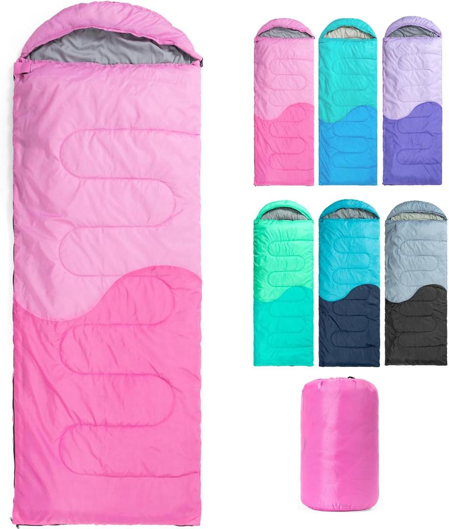 Sleeping Bag - 3 Seasons for Adults Kids Boys Girls Camping Hiking - Warm Cold Weather Lightweight, Portable with Compression Bag for Backpacking in Spring, Summer, Fall and Winter (Single, 3 lbs-Pink)