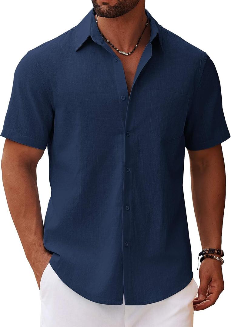 COOFANDY Men's Button Down Short Sleeve Shirt Casual Cotton Summer Beach Linen Wedding Shirts with Pocket Size XL