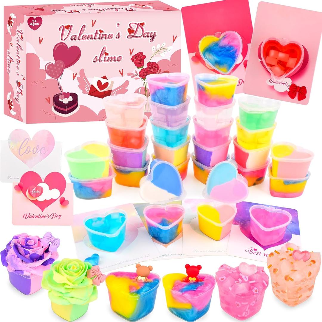 Valentine's Day Gifts for Kids-24 Sets of Slime and 9 Valentine Card, Class Valentine Gifts, Kids Valentines Gifts for School, Slime Party Favors with Gift Cards, Valentine Gifts for Kids
