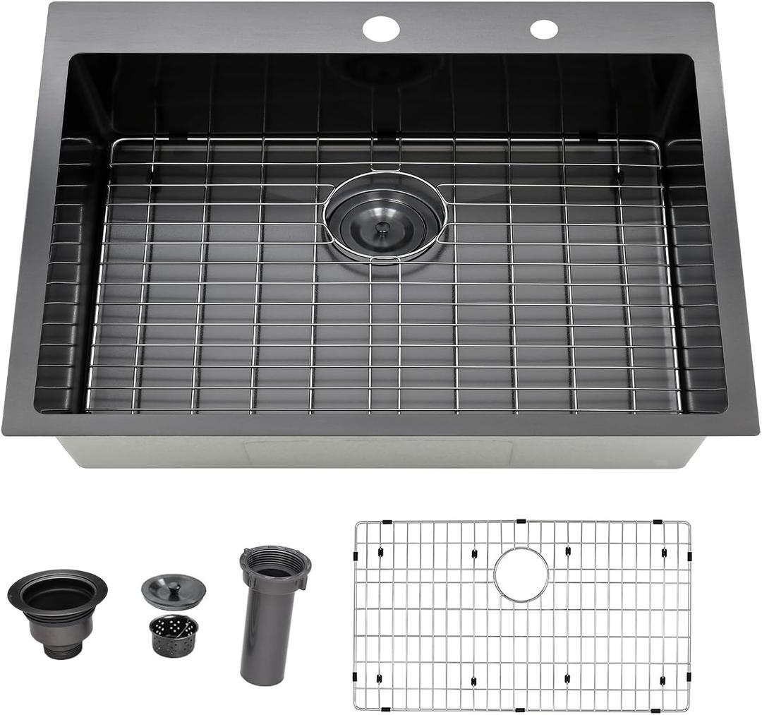 Friho 33x22 Inch Drop in Kitchen Sink, Black Stainless Steel Sink, Modern Top Mount Large Single Bowl Basin with Basket Strainer and Dish Grid