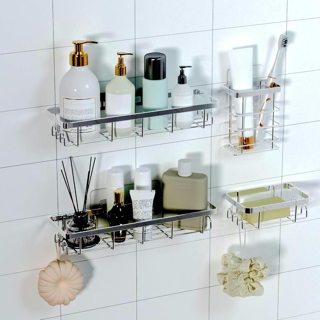Shower Caddy Organizer with Hooks,Self Adhesive Bathroom Shelves,No Drilling Bathroom Organizers and Storage,Perfect for RV, Apartment, Home Decor,Silvery 4PCS