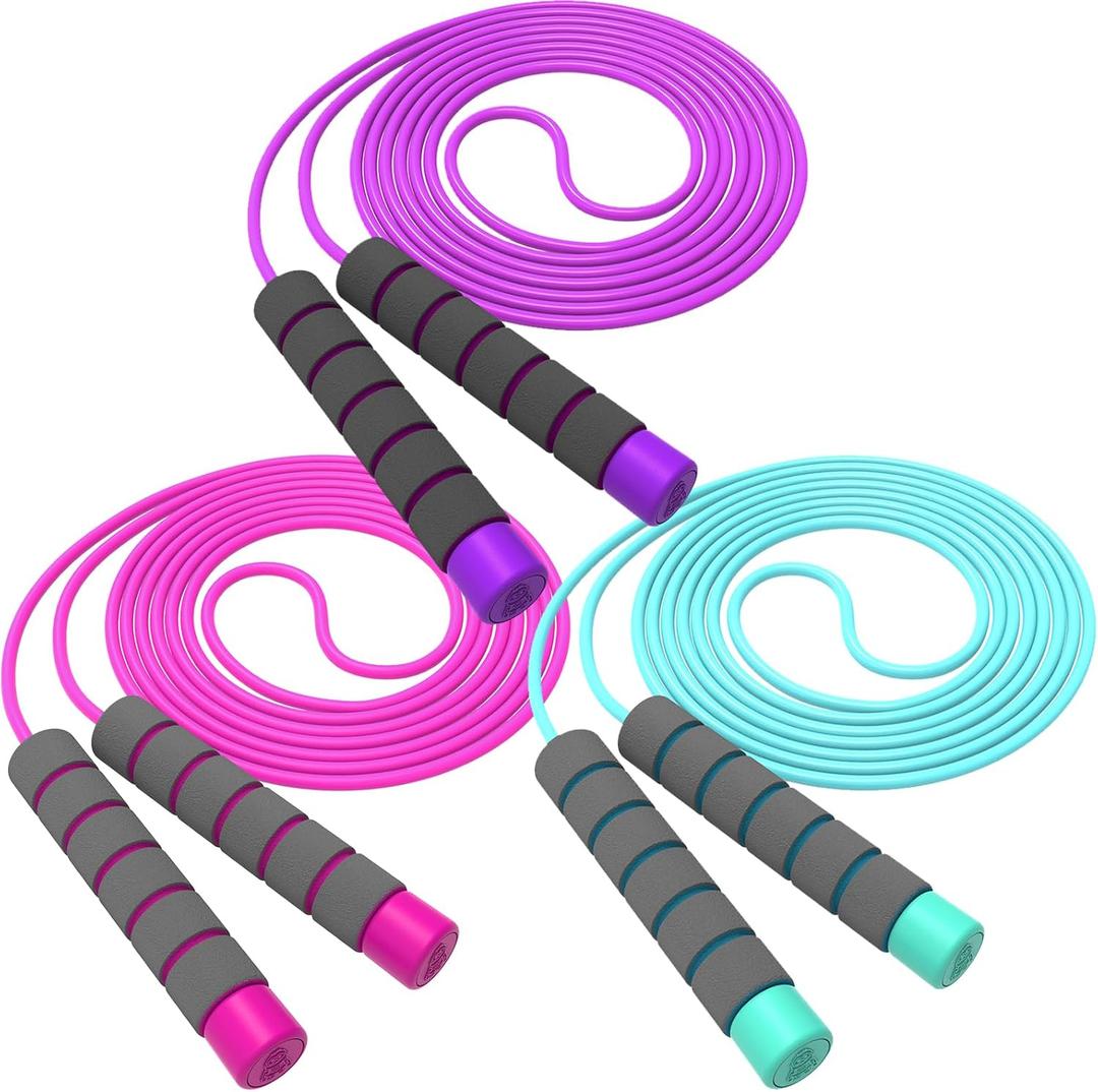 Jump Rope For Kids,Jump Rope Kids,Adjustable Soft Skipping Rope,Toddler Jump Rope With Skin-Friendly Foam Handles For Kids, Boys,Girls,Women, Men,Exercise Activity,Outdoor Fitness (Rose Pink+Purple+Blue)