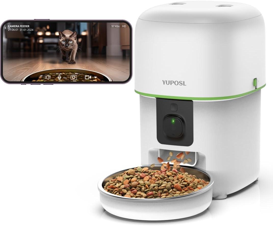 Automatic Cat Feeder with Camera - 5G WiFi Auto Cat Food Dispenser, 1080P HD Video with Night Vision, 1-15 Meals, 1-99 Portions, 2-Way Audio, Keeps Food Fresh, Timed Pet Feeder Also for Dogs (White)