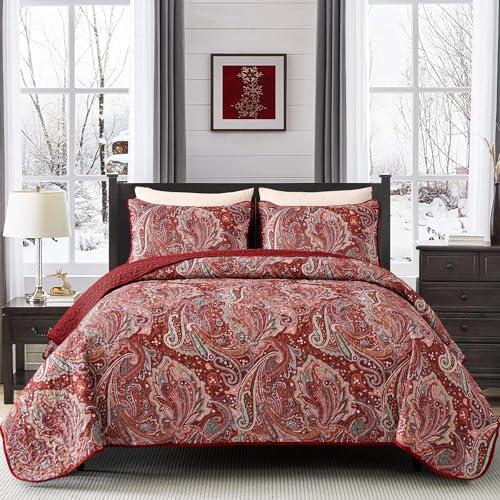 DJY Red Paisley Quilt Set King Size Boho Quilt Bedspread Set 3 Pieces, Soft Lightweight Microfiber Coverlet Set Paisley Floral Pattern Bedding for All Season, 110''x90''