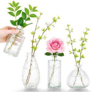 Glass Bud Vases Set of 4,Small Vase for Flowers,Clear Vintage Embossed Mini Vases,Flower Arrangements in Vases for Party or Home Decor (A)