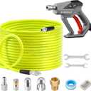 M MINGLE Sewer Jetter Kit for Pressure Washer 150 FT, Drain Cleaner Hose with Power Washer Gun, 1/4 Inch NPT Corner Rotating and Button Nose Sewer Jetting Nozzle, Orifice 4.0, 4.5 (Yellow)