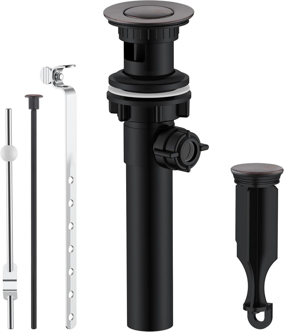 KENES Oil Rubbed Bronze Bathroom Sink Drain Assembly with Lift Rod, Bathroom Sink Drain with Overflow, Lavatory Pop Up Drain Stopper for Bathroom Vanity Sink, LJ-P701-8