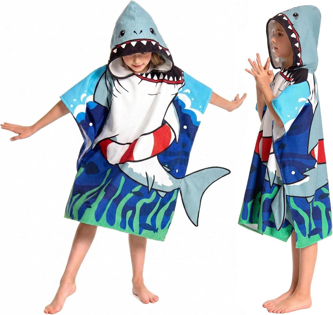 OLAOLA Kids Surf Poncho Beach Towel - Microfiber Printed Shark Hooded Wearable Swim Towel for Boys Girls Ages 3-12 Years