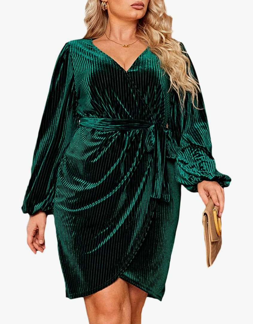 Women's Plus Size Long Sleeve Wrap Semi Formal Velvet Mini Dress Sexy Cocktail Party Winter Club Dress XL