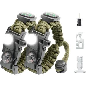 20 in 1 Survival Paracord Bracelet Adjustable Gear Kit with SOS LED Light, Fire Starter, Bigger Compass, Survival Whistle, Perfect for Camping, Hiking, Fishing (Green 2PCS)