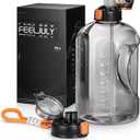 1 Gallon Water Bottle with Straw, 128 oz Large Water Jug with Times to Drink, Reusable Leak Proof with Handle, 2 Lids BPA Free Big Sports Bottles for Fitness Gym Camping (Grey, 128 Ounces)