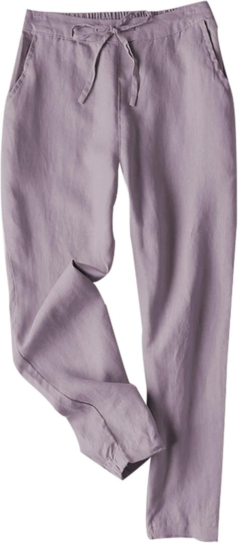 Tanming Linen Pants for Women Summer Casual High Waisted Drawstring White Beach Pant (Medium, Purple)