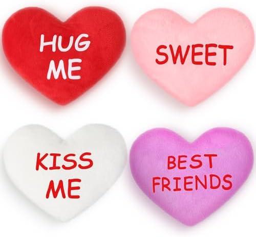 Hanaive 4 Pcs Valentines Day Plush Conversation Hearts 6 Inch Stuffed Valentines Day Toys Soft Cuddly Heart Shaped Plush Toys for Wedding Holiday Classroom Party Class Decor Boys Girls (Cute)