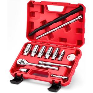13pc 3/8" Spark Plug Socket Set with Installation Tube, 3/8" Drive Ratchet Wrench,3 Extension Bars(3",6",10")Spark Plug Socket Sets, Gap Tool, U Joint,1/2" to 3/8" Adapter (13pcs)
