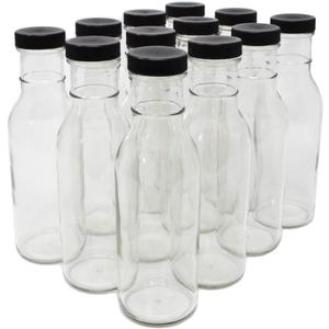 nicebottles Clear Glass Beverage/Sauce Bottles, 12 Oz, Black Caps - Case of 11