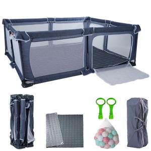 Foldable Baby Playpen 59"X71",Play Pen for Babies and Toddlers, Portable Playpen, Kids Collapsible Play Pen, Indoor & Outdoor Baby Fence with Visible Mesh, Safety Area Travel Play Yard with mat (Grey) (gray)