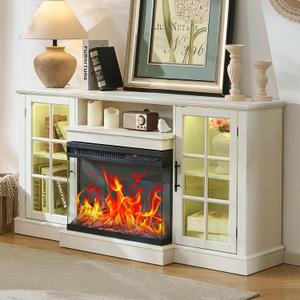 ROCKPOINT 3 Sided Glass 59" Fireplace TV Stand for TVs up to 65inch, Media Entertainment Center with Storage Cabinet,24" Electric Fireplace with LED Light and Flame Colors, White
