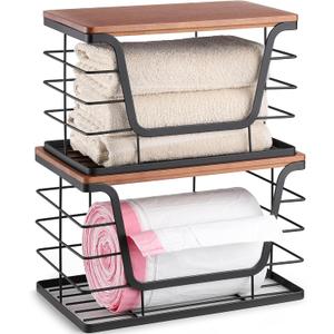 ALOCEO 2 Pack Stackable Storage Bins with Lids, Stainless Steel Extra Large Trash Bag Dispenser Roll Holder for Kitchen Sink, Laundry, Pantry Organizer and Storage, Walnut Black