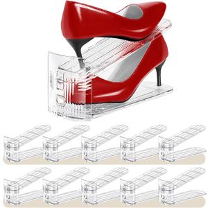 Shoe Slots Organizer 10 Pack - Shoe Stackers,3 Levels Adjustable,Space Savers 50%,Double Layer Holders for Closet (Transparent),Organizador de Zapatos