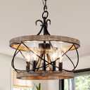 Farmhouse Wood Chandelier Light Fixture, 16 Inch Dining Room Light Fixture Over Table, 5-Light French Country Rustic Industrial Drum Chandelier for Kitchen Dining Room Entryway