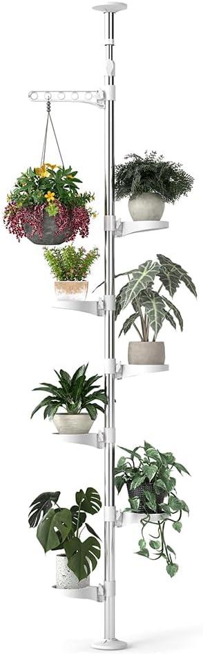 Hershii 7-Layer Tension Pole Plant Stand Indoor Decorative Display Rack Stands for Flower Pots Floor to Ceiling Adjustable Hanging Corner Shelf (6 Trays & 1 Hook, Ivory)