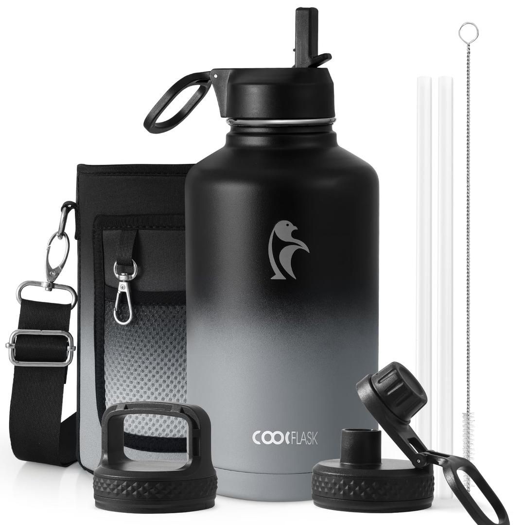Half Gallon Insulated Water Bottle with Straw & 3 Lids, Coolflask 64 oz Water Jug Large Metal Stainless Steel Wide Mouth for Sports, Gym or Office, Non-BPA Keep Cold 48H Hot 24H, Piano Night