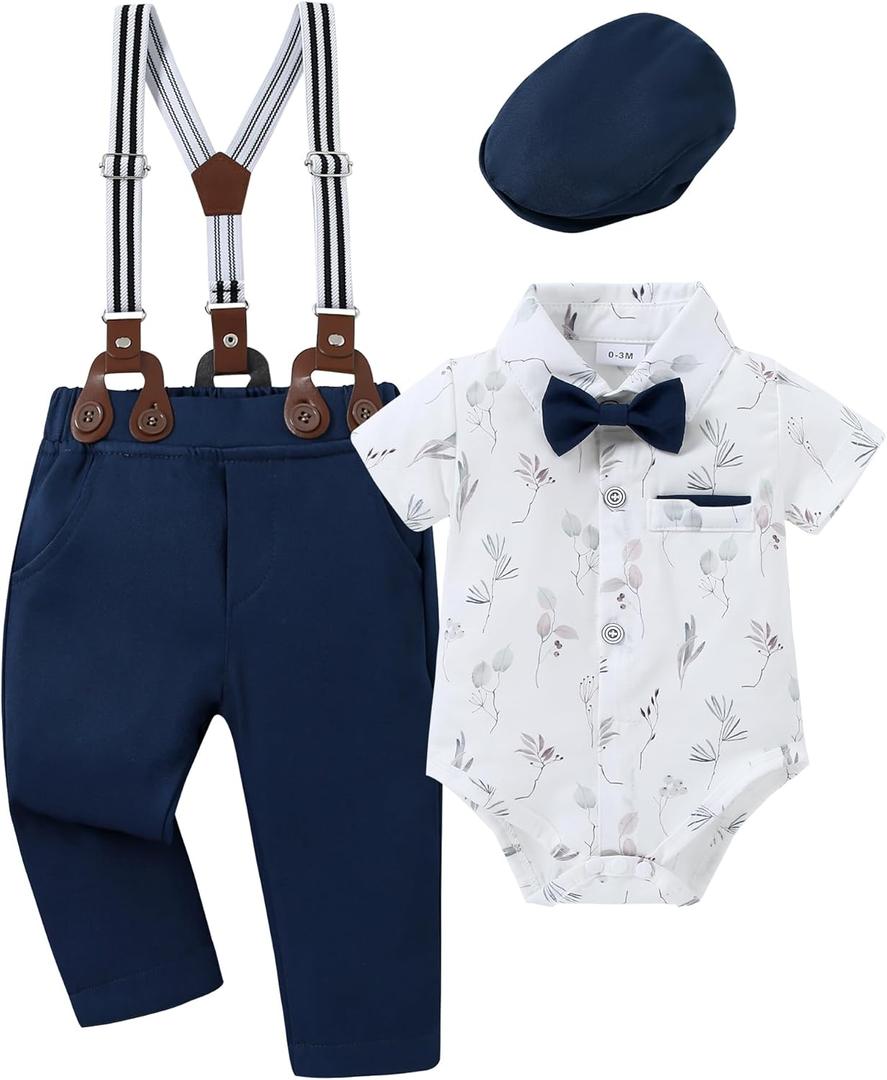 CARETOO Baby Boy Clothes Suit Infant Gentleman Boy Outfits Dress Shirt/Bowtie/Suspender Pants Set 12-18 Months (Navy Blue)