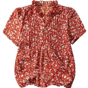SOLY HUX Women's Plus Size Floral Tops Notched V Neck Puff Short Sleeve Boho Summer Blouse (Red, XL)