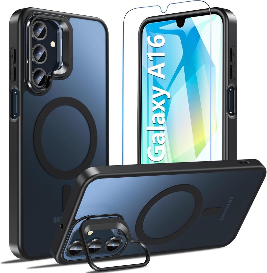 Magnetic for Samsung Galaxy A16 5G (Wisephone II) Phone Case with Stand & Screen Protector, Compatible with MagSafe, Shockproof Protective Cover Case for Samsung Galaxy A16 5G/4G (Black)