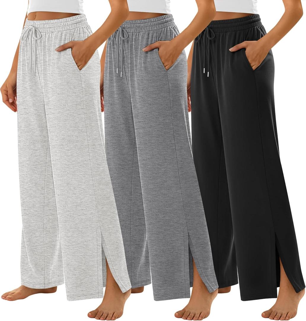 3 Pack Women's Wide Leg Sweatpants Split Hem Lounge Pants Casual Baggy High Waisted Drawstring Sweatpant with Pocket (X-Large, Black, Dark Heather Gray, Gray)