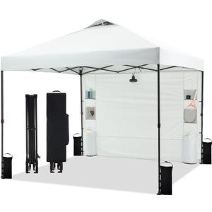10'x10' Pop Up Canopy Tent with 1 Sidewall and 6 Pockets, One Push Setup, Instant Shade Tent with Vented Roof for Beach Patio Outdoor, Case, 8 Stakes, 4 Ropes, 4 Sandbags (White)