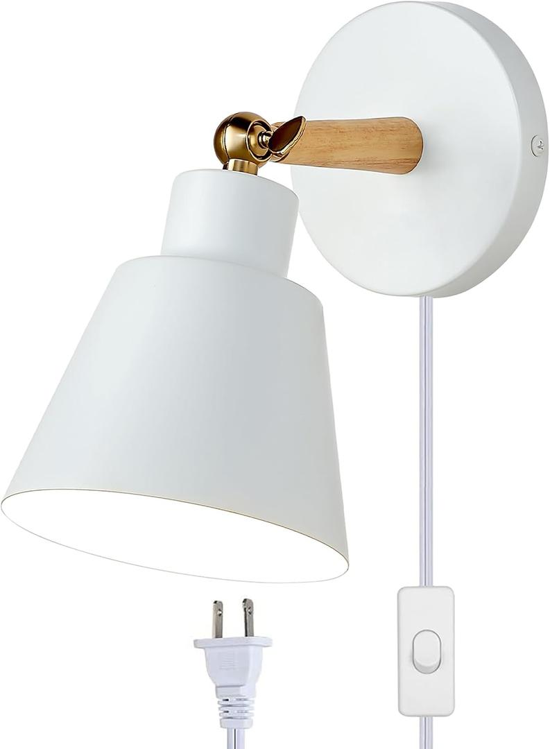 ClanKin Wall Sconces Lighting Set of 2 for Bedroom, White Wooden Style Wall Sconce Reading Lamp, Adjustable Wall Light for Bedroom Hallway Living Room (1, White Plug-in)