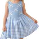 Toddler Girls Dresses Summer Sleeveless Bubble Dress Kids Crew Neck Sling Sundress with Headband and Handbag 2-8Y