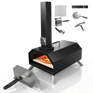 12" Wood Pellet Pizza Oven Outdoor, Portable Foldable Pizza Maker with Built-in Thermometer, Square Pizza Stone, Ideal for Camping, Backyard, Patio, Garden & Party
