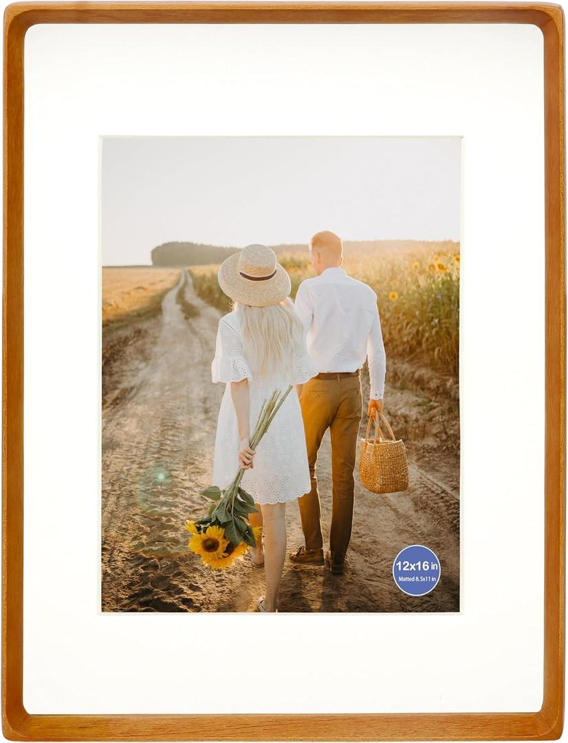 12x16 Picture Frames Teak Solid Wood Vertical Horizontal Standing Display Photos 8.5x11 with Mat or 12x16 Without Mat Lovely Gift for Desk Tabletop Wall Mount Gallery Poster Frame Y16