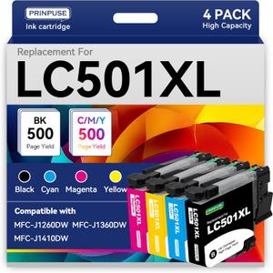 LC501XL Ink Cartridges Replacements Compatible for Brother LC501XL LC501 Ink Cartridges for Brother Printer Work Smart MFC-J1260DW MFC-J1360DW MFC-J1410DW, LC501 Series Ink 4 Pack