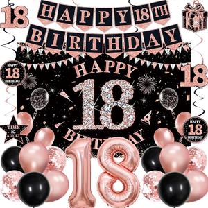 18th Birthday Decorations for Girls,52Pcs PRE-STRUNG Rose Gold Black Party Set-18 Years Old Crown and Sash,Banner,Hanging Swirl,Backdrop Decor,CakeTopper,Age Candle, Balloons, Pom Poms,PRE-ASSEMBLED (18th Rose Gold Black)