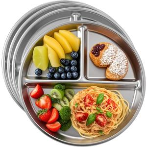 4pcs 304 Stainless Steel Kids Plates9"Non-Toxic Circular Portion Control PlateSuitable For Children To Use,Portion Plates For Weight Loss AdultsReusable, Non-Toxic, Anti Drop, And Dishwasher Safe