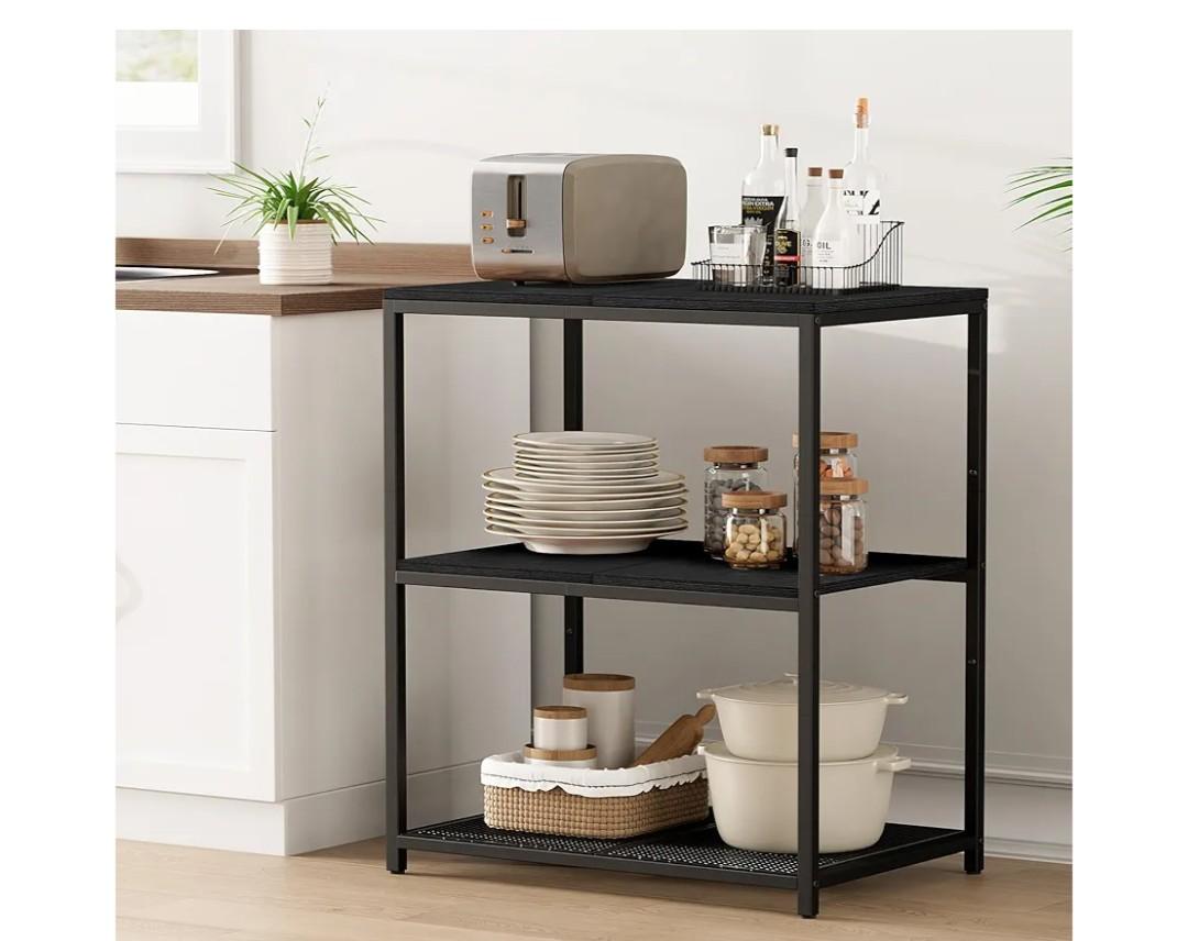 Kitchen Island with 3 Shelves, Kitchen Shelf with Large Workstation, Bakers Rack, Workbench, Metal Frame, Black