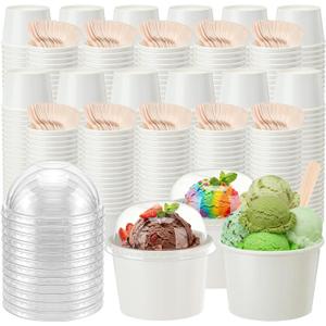 300 Pack Ice Cream Cups with Dome Lids No Hole and Spoons Bulk Disposable Paper Dessert Bowls White Sundae Containers for Snack Yogurt Soup Birthday Summer Ice Cream Party Supplies (6 oz)