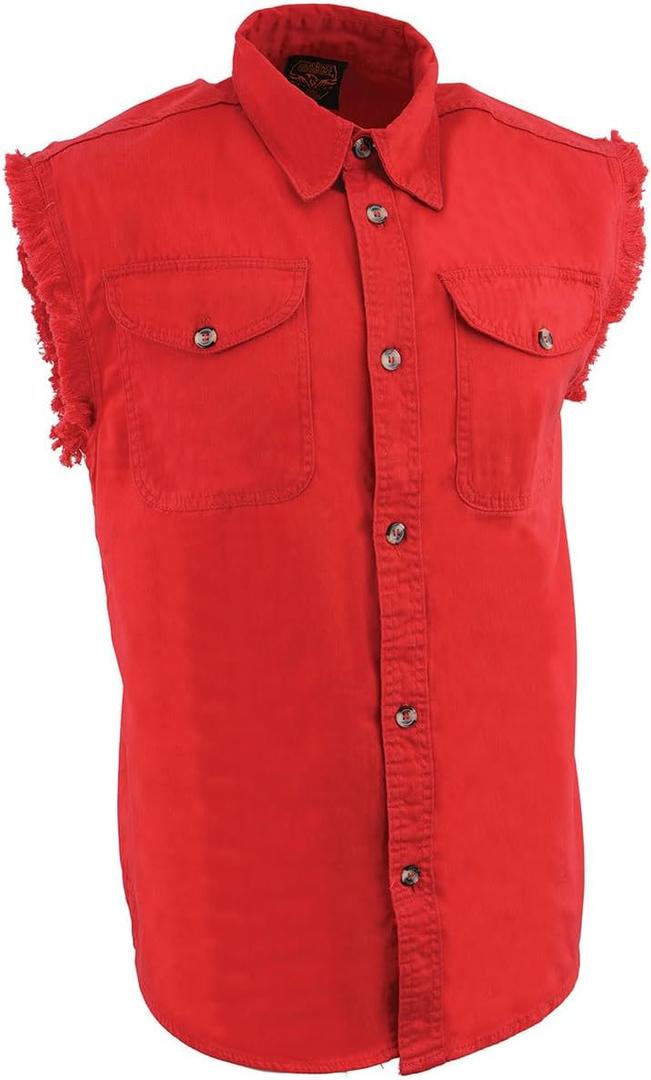 Milwaukee Leather DM1002 Men's Black Lightweight Denim Shirt with Frayed Cut Off Sleeveless (5X-Large, Red)