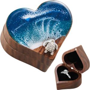 Ocean Resin Heart Engagement Ring Box, Personalized Walnut Wooden Ring Box, Birthday Gifts for Women, Ring Display box for Proposal, Wedding, Anniversary, Valentine's Day, Christmas Gifts
