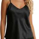 Women's 2 Piece Satin Pajamas Summer V Neck Sleeveless Cami Top and Mini Shorts Lounge Sets Sleepwear (Black, L)