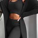 Fixmatti Women's Fuzzy 3 Piece Sweatsuit Open Front Cardigan Crop Tank Tops Wide Legs Pants Lounge Sets (Medium, 1-black)