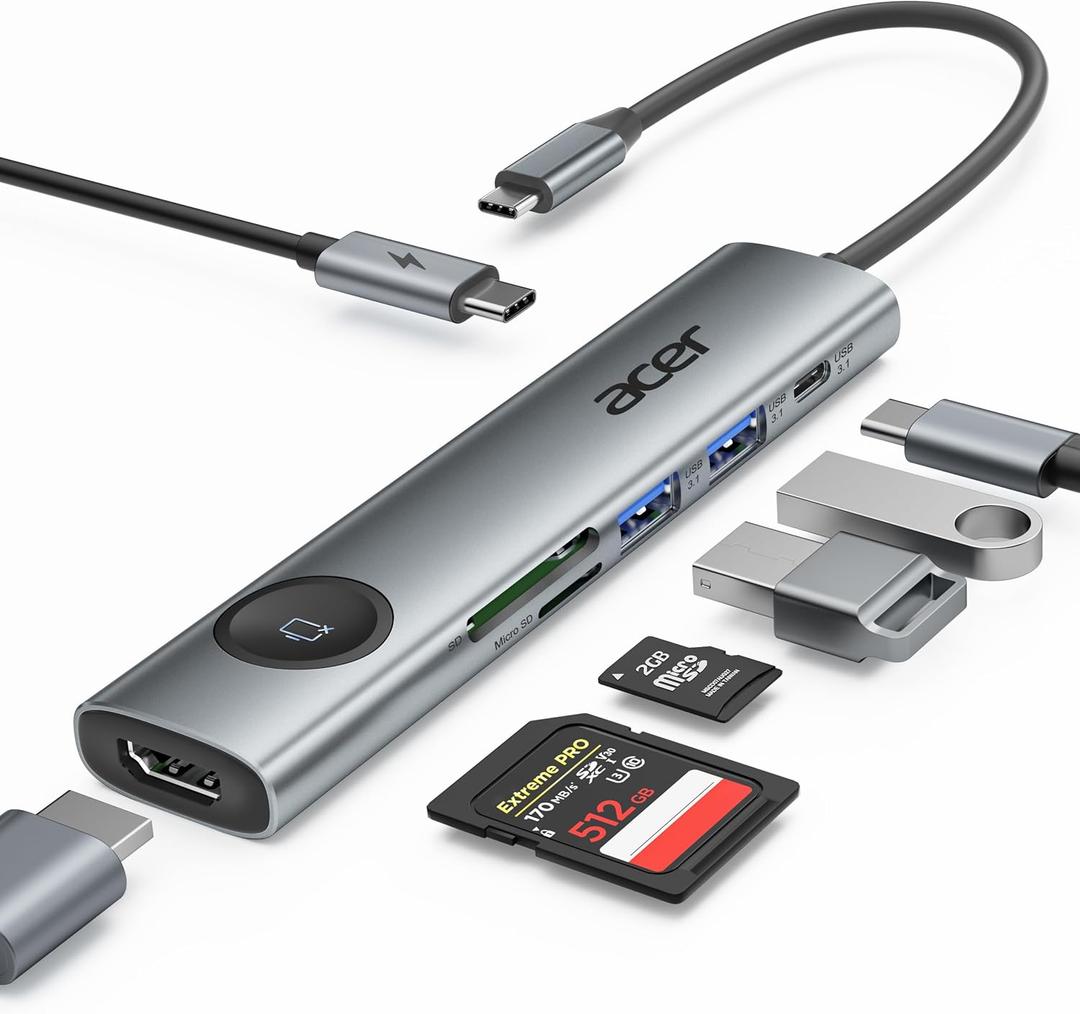 Acer USB C HUB Multiport Adapter, 7 in 1 USB-C to HDMI Adapter with 4K@60Hz, 100W PD, 5Gbps 2*USB-A 3.1, 1*Type-C 3.1, SD Card Reader Type C Dongle for iPhone 16/15, MacBook Pro/air, iPad, Acer (Grey)