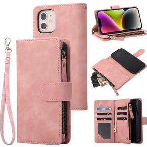RANYOK Wallet Case Compatible with iPhone 12/12 Pro (6.1 inch), Premium PU Leather Zipper Flip Folio RFID Blocking Wallet with Wrist Strap Built-in Kickstand Protective Case - Pink
