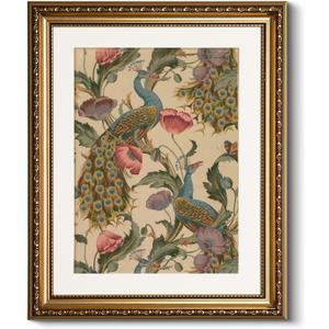 Golden Framed Canvas Wall Art Vintage Peacock, Classic Vine With Poppies Floral Canvas Print Wall Decor, Bird Art Print Wall Hanging 13x16 inch, for Bedroom Bathroom Living Room Decor (16L" x 13W")