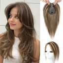 Flufymooz 100% Real Human Hair Toppers for Women, 10 Inch Clip in Human Hair Topper for Thinning Hair, 3603D Cover Clip in Bangs Natural Hairpiece With 4.5'' x 3'' Silk Base-Medium Brown with Blonde